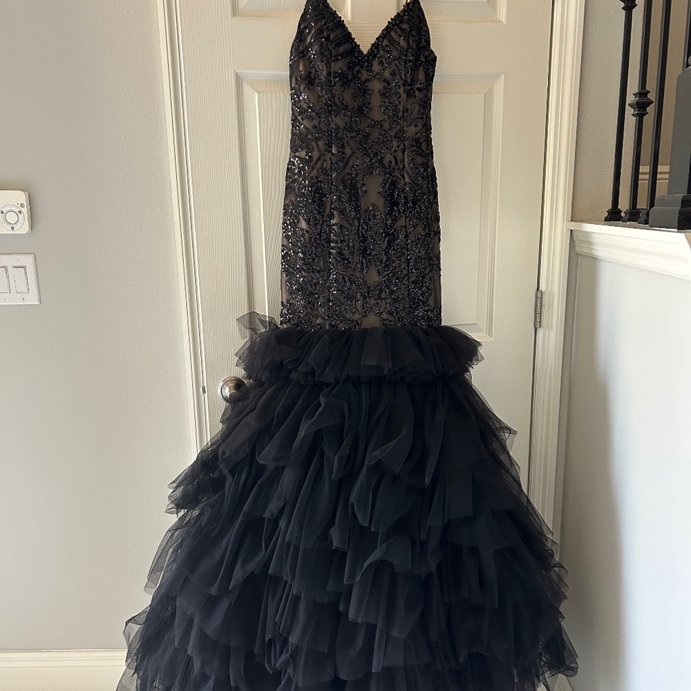 Mac Duggal Ruffle Beaded Ball Gown Dress With Train
